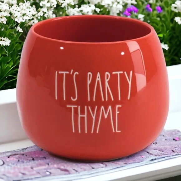 Rae Dunn IT'S PARTY THYME Round Planter Bowl Vase CottageCore Herb Garden NEW! - Picture 3 of 5